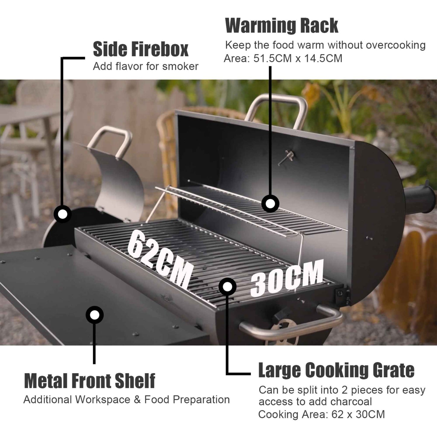 Charcoal Offset Smoker Grill - Family-Size 4-6 Person BBQ with Temperature Control & Portable Wheels