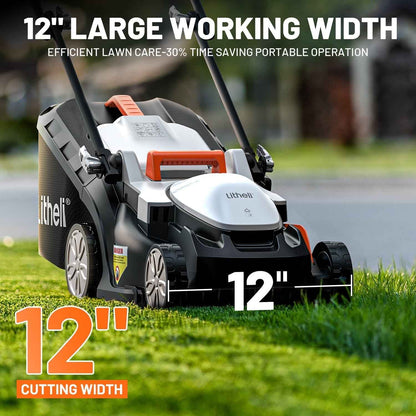 Litheli Cordless Lawn Mower, 20V 12" Electric Lawn Mowers, Adjustment Heights, Light Weight, With 2*2.0Ah Portable Battery, for Garden/Yard/Farm