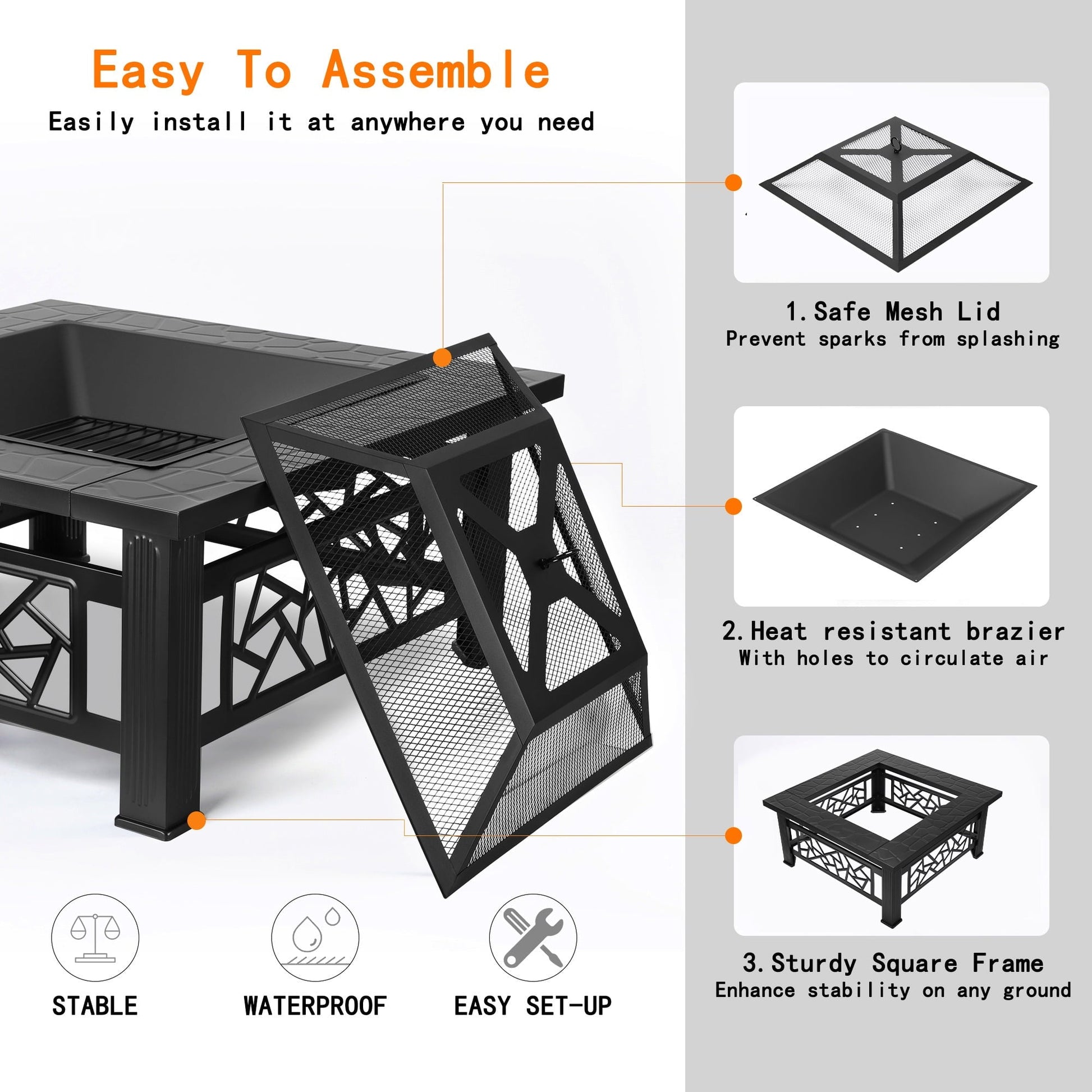 UHOMEPRO Fire Pit for Outside, 32" Square Fire Pit Table with BBQ Net, Mesh Lid, Poker and Cover, Wood Burning Outdoor Heating Fire Pit Stove for Patio, Backyard, Camping, Black - Home OXO