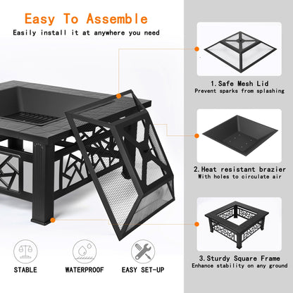 UHOMEPRO Fire Pit for Outside, 32" Square Fire Pit Table with BBQ Net, Mesh Lid, Poker and Cover, Wood Burning Outdoor Heating Fire Pit Stove for Patio, Backyard, Camping, Black - Home OXO