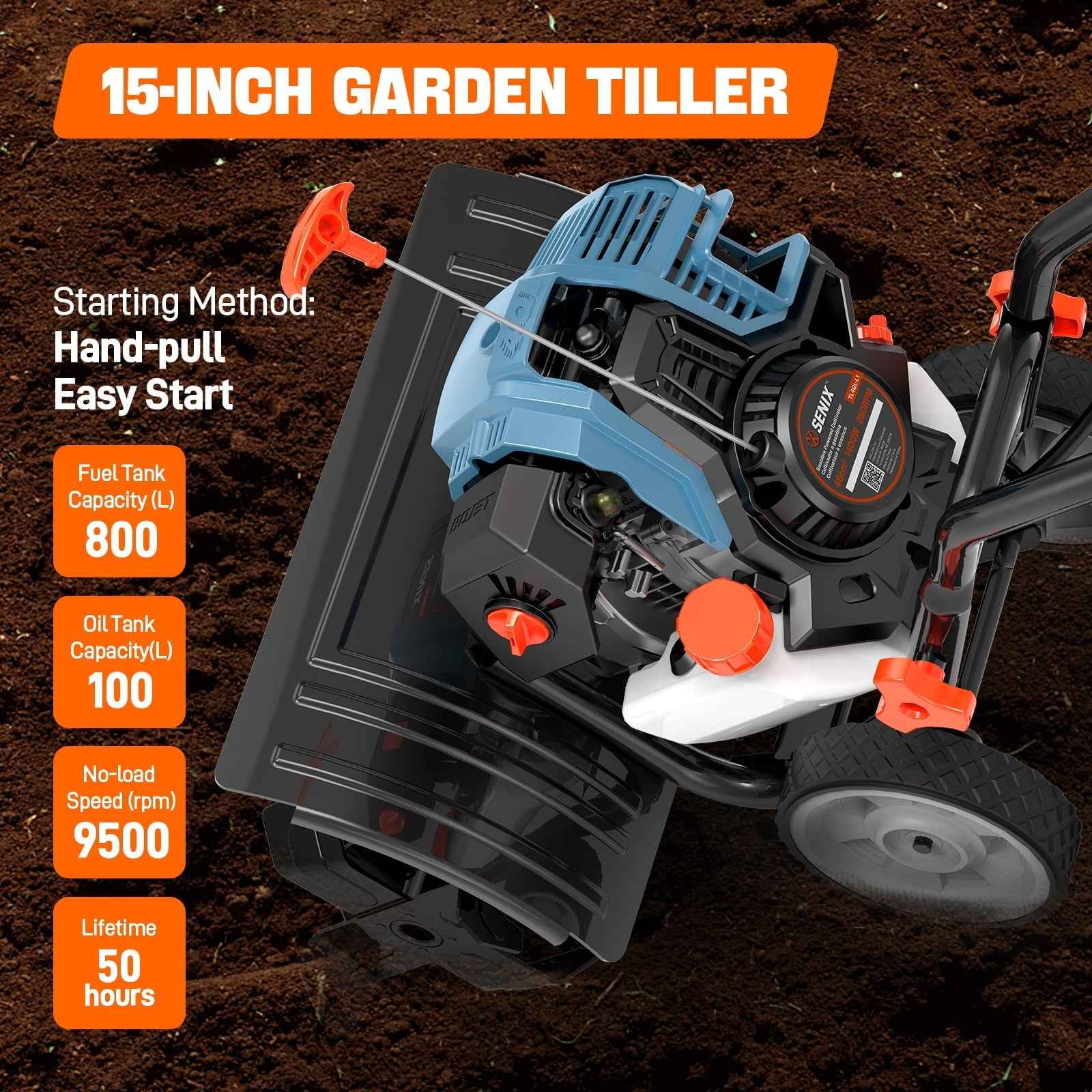 Senix 4-Cycle Gas Powered Mini Rear Tine Garden Yard Tillers