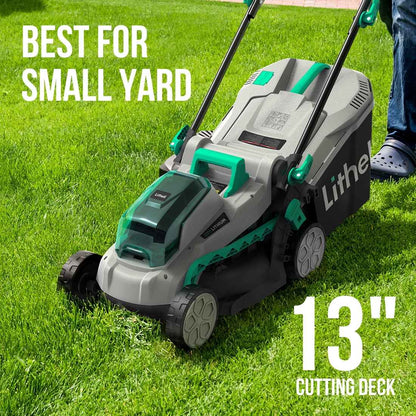 Litheli 20V 13" Cordless Lawn Mower 16.34 in with Brushless Motor + 4.0Ah Battery & Charger 27.3 lb, Manpower driven