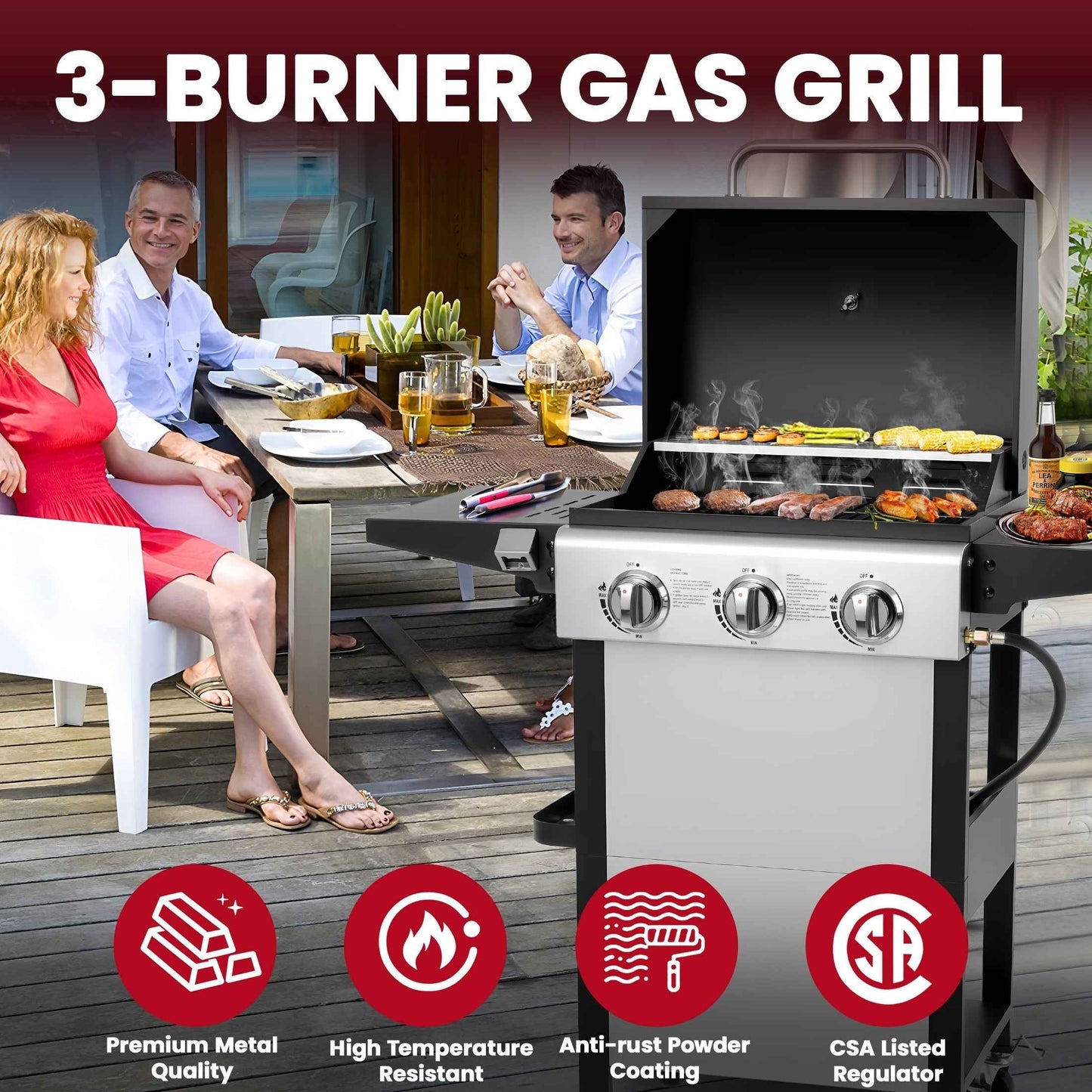 30000BTU Gas Grill, 3-Burner Grills with Built-in Thermometer & Side Table, Stainless Steel BBQ Grills for Outdoor Cooking