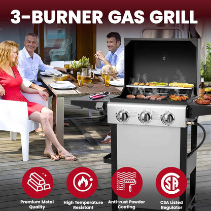 30000BTU Gas Grill, 3-Burner Grills with Built-in Thermometer & Side Table, Stainless Steel BBQ Grills for Outdoor Cooking