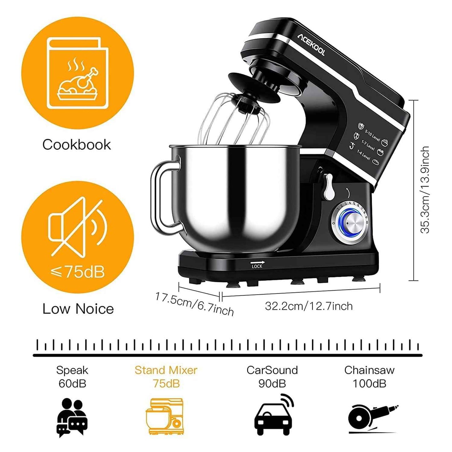 Stand Mixer, Acekool 7.5 Qt 10 Speed Tilt Head Electric Mixer, Black