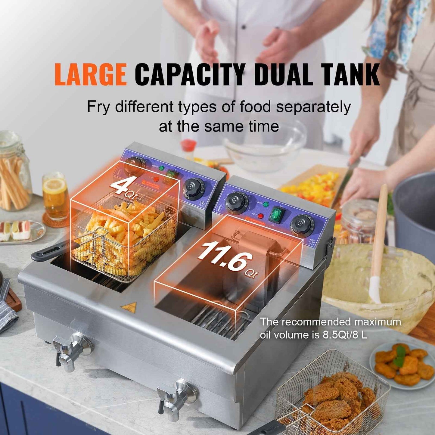 KFFKFF Industrial Dual Chamber Fryer, 3000W Electric Tabletop Cooking Unit with Basket, 2 x 11.6Qt/11L Twin Stainless Steel Oil Fryer with Oil Purification, Adjustable Time & Temperature