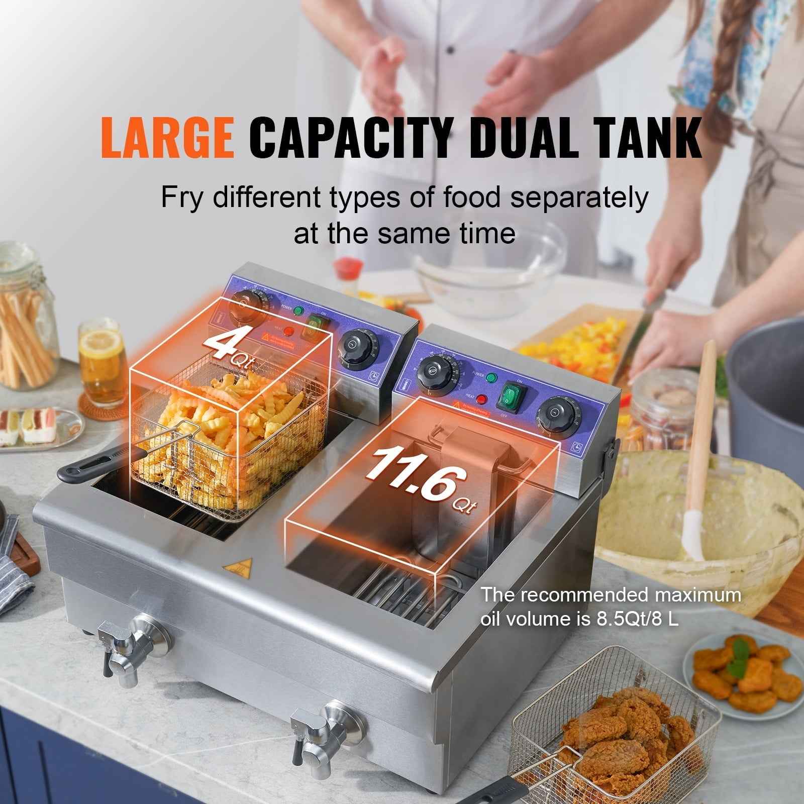 KFFKFF Industrial Dual Chamber Fryer, 3000W Electric Tabletop Cooking Unit with Basket, 2 x 11.6Qt/11L Twin Stainless Steel Oil Fryer with Oil Purification, Adjustable Time & Temperature