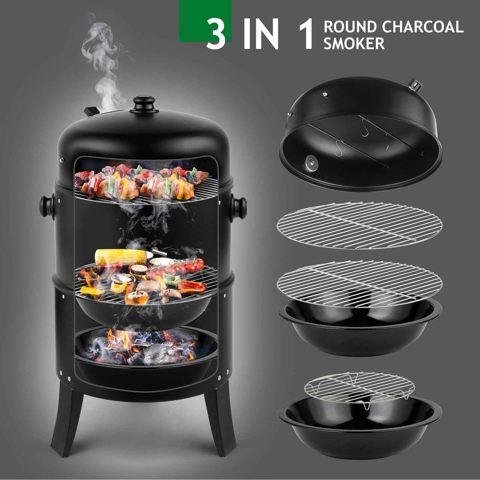 Zimtown BBQ Charcoal Grill Outdoor Barbecue Pit Smoker with 3 Levels Patio Backyard Black