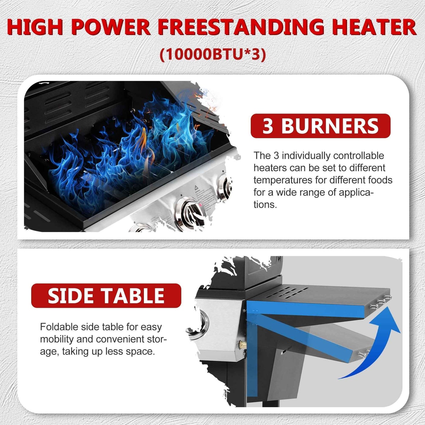 30000 BTU Gas Grill with 4 Universal Wheels, 3 Burners Outdoor BBQ Grill with Steel Brush & Thermometer for Outdoor Camping