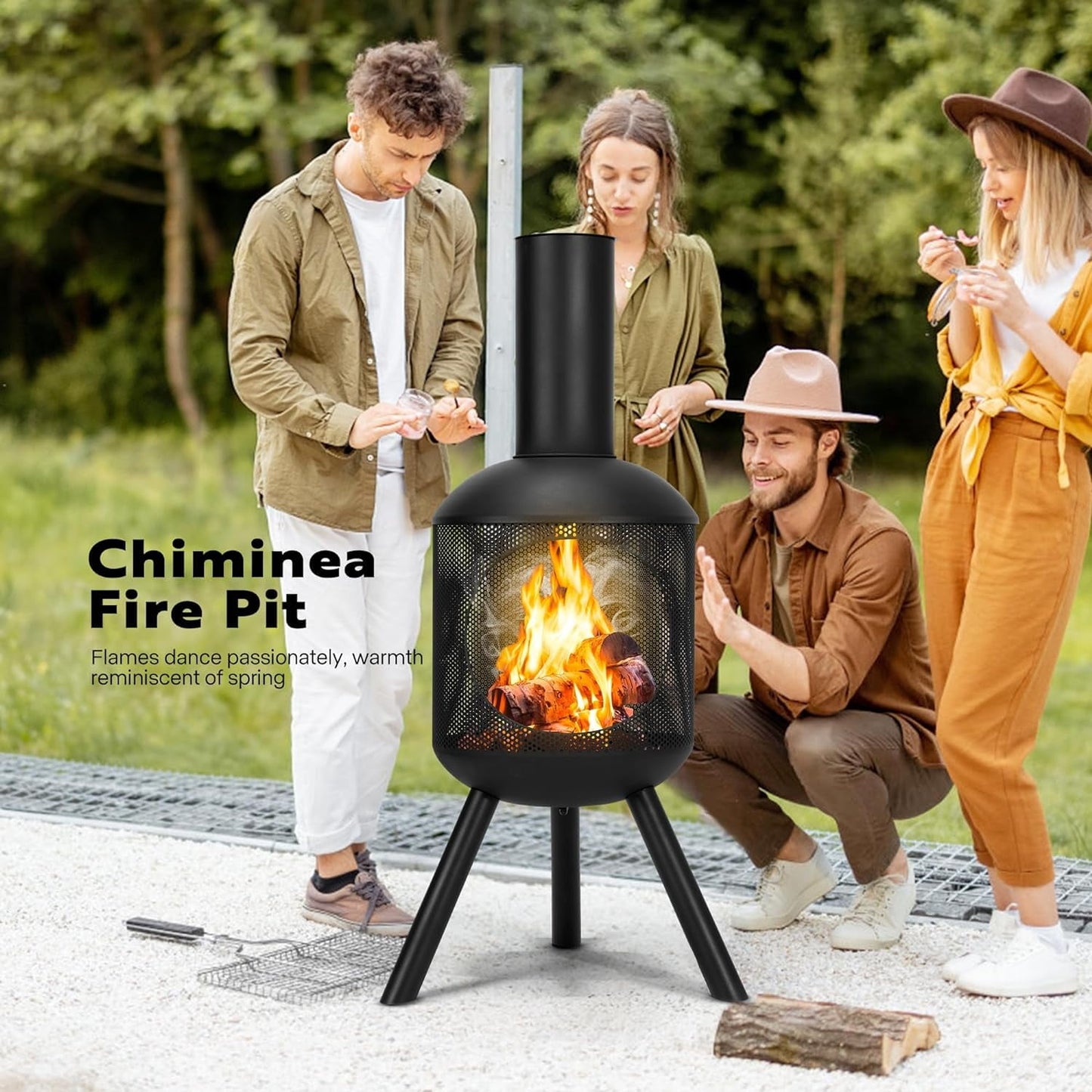 SPECSTAR 46 Inch Chiminea Outdoor Fireplace, Cold-Rolled Steel Wood Burning Fire Pit with Mesh Design, Top Chimney Cover - Home OXO