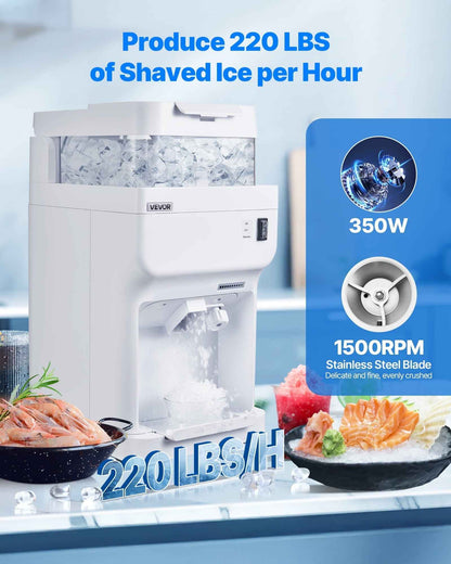 VEVOR Commercial Ice Shaver Crusher, 220lbs Per Hour Electric Snow Cone Maker with 8L Ice Cube Box, 350W 1500RPM Tabletop Shaved Ice Machine for Parties Events Bar
