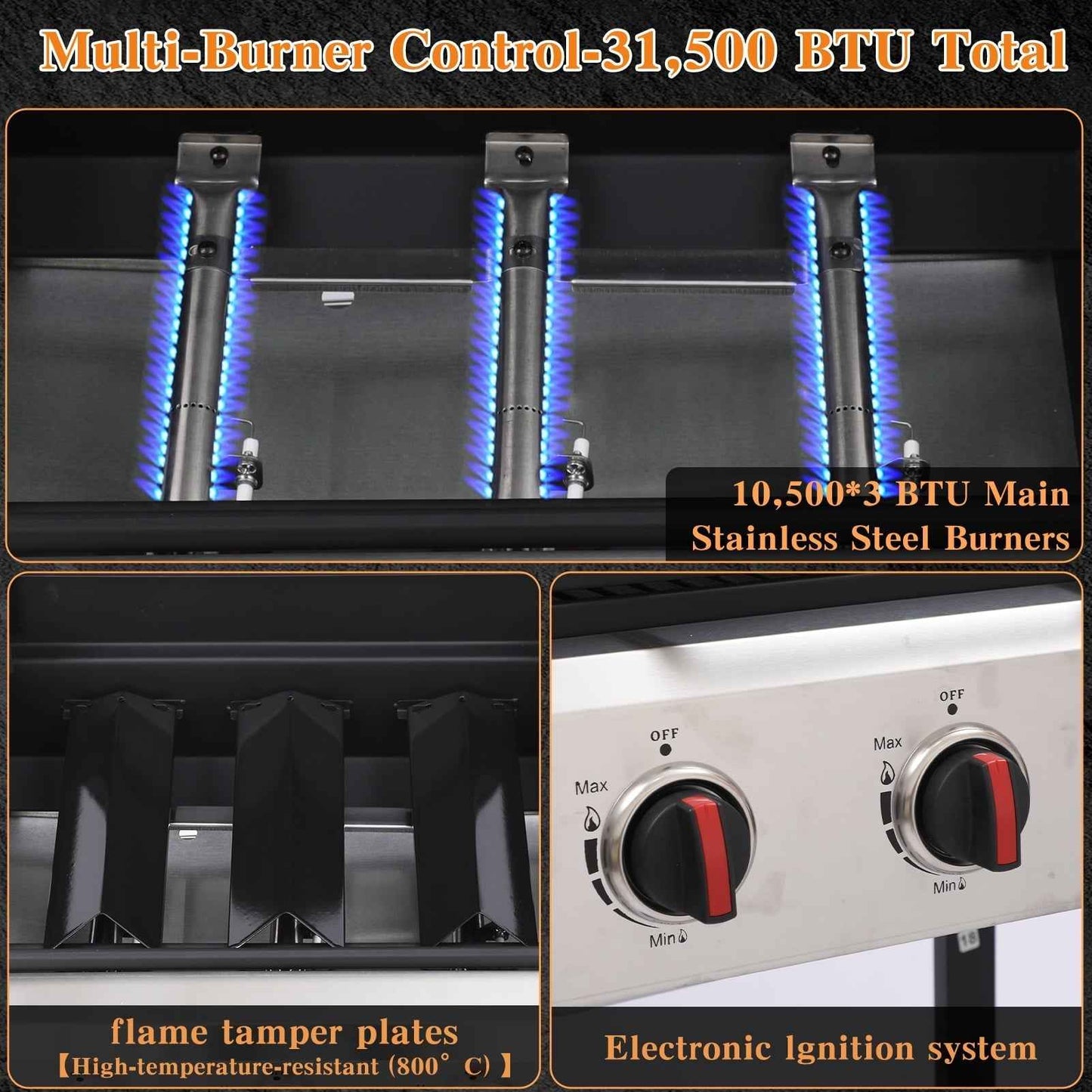 CIG GARDEN 3 Burner Propane Gas Grill, 31,500 BTU Output Outdoor BBQ Grill with Cast Iron Grates and Versatile Mini Grill Pan, Perfect for Outdoor Cooking, Balcony, Backyard, Camping