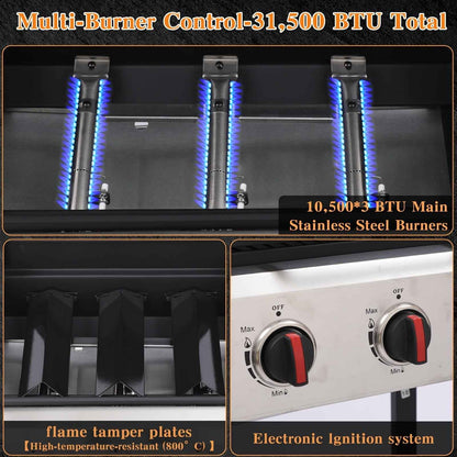 CIG GARDEN 3 Burner Propane Gas Grill, 31,500 BTU Output Outdoor BBQ Grill with Cast Iron Grates and Versatile Mini Grill Pan, Perfect for Outdoor Cooking, Balcony, Backyard, Camping