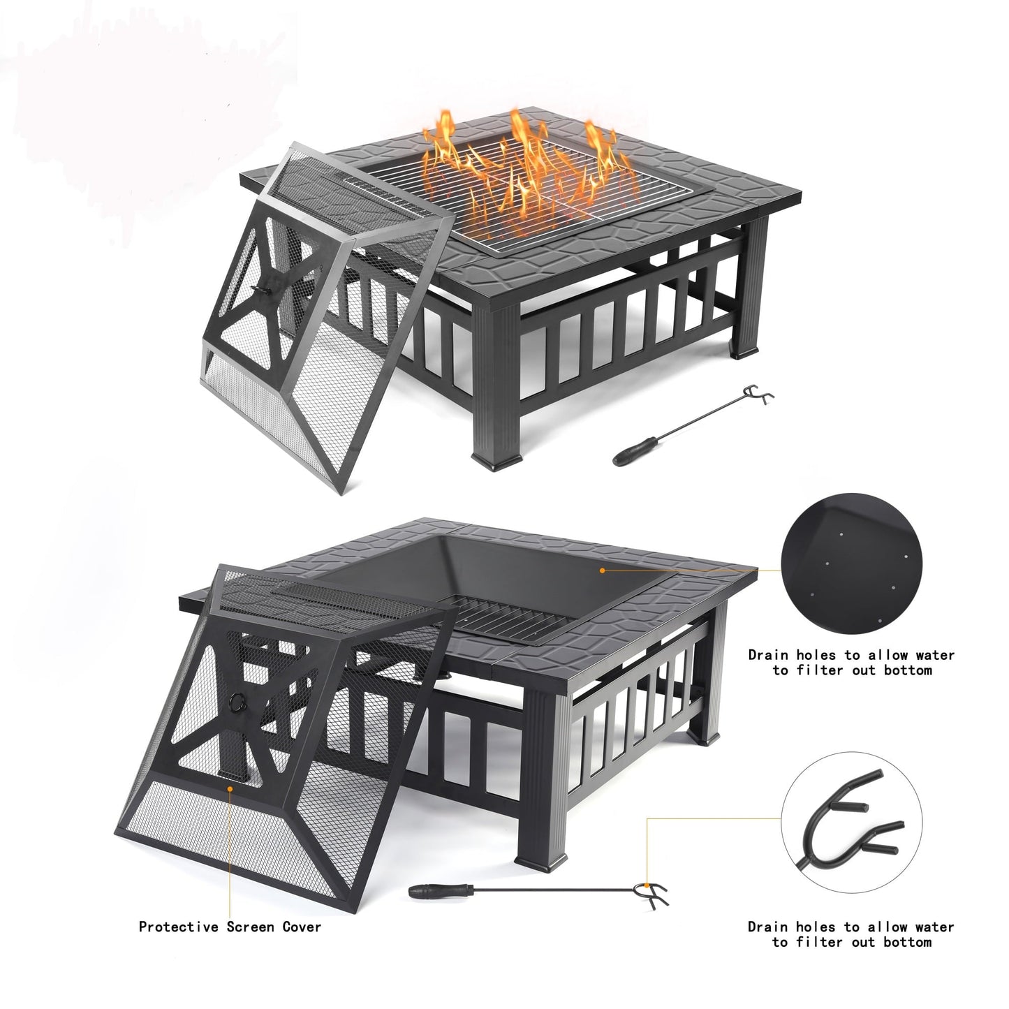 Multifunctional Fire Pit Table, 32'' Fireplace Heater/Ice Pit, Square Metal Fire Pit Stove with Screen Lid and Log Poker for Backyard Garden Camping Picnic Bonfire - Home OXO
