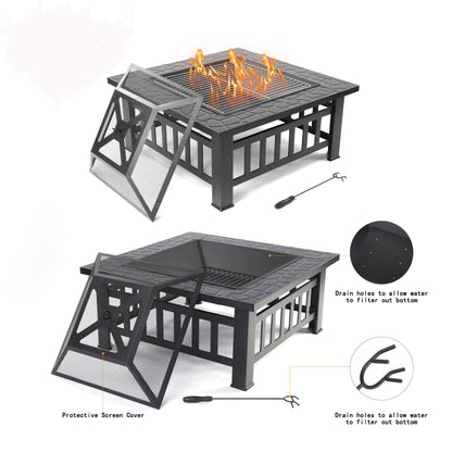 Multifunctional Fire Pit Table, 32'' Fireplace Heater/Ice Pit, Square Metal Fire Pit Stove with Screen Lid and Log Poker for Backyard Garden Camping Picnic Bonfire - Home OXO