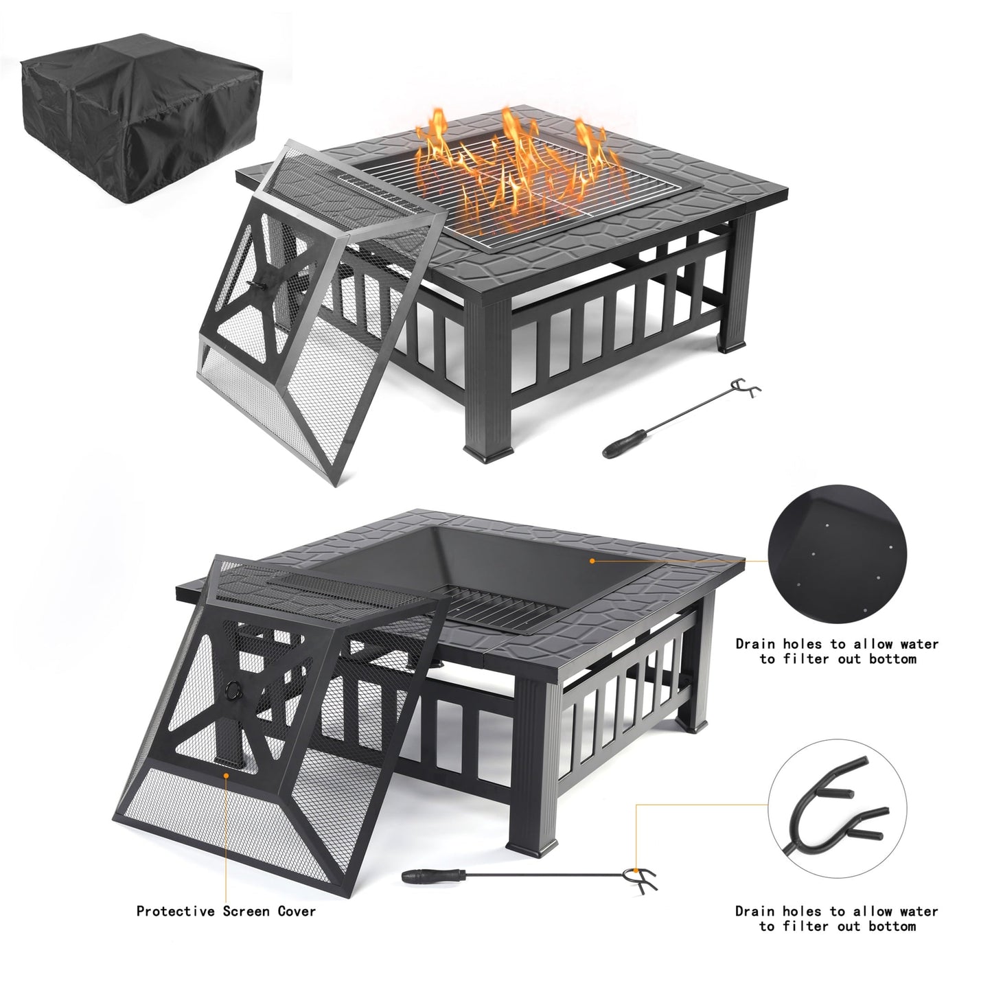 Fire Pits for Outside, UHOMEPRO 32" Square Iron Fire Pit Backyard Patio Garden Stove Wood Burning Fire Pit w/ BBQ Net, Waterprrof Cover, Mesh Screen Lid, Wood Grate, Poker, Durable Fire Pit - Home OXO