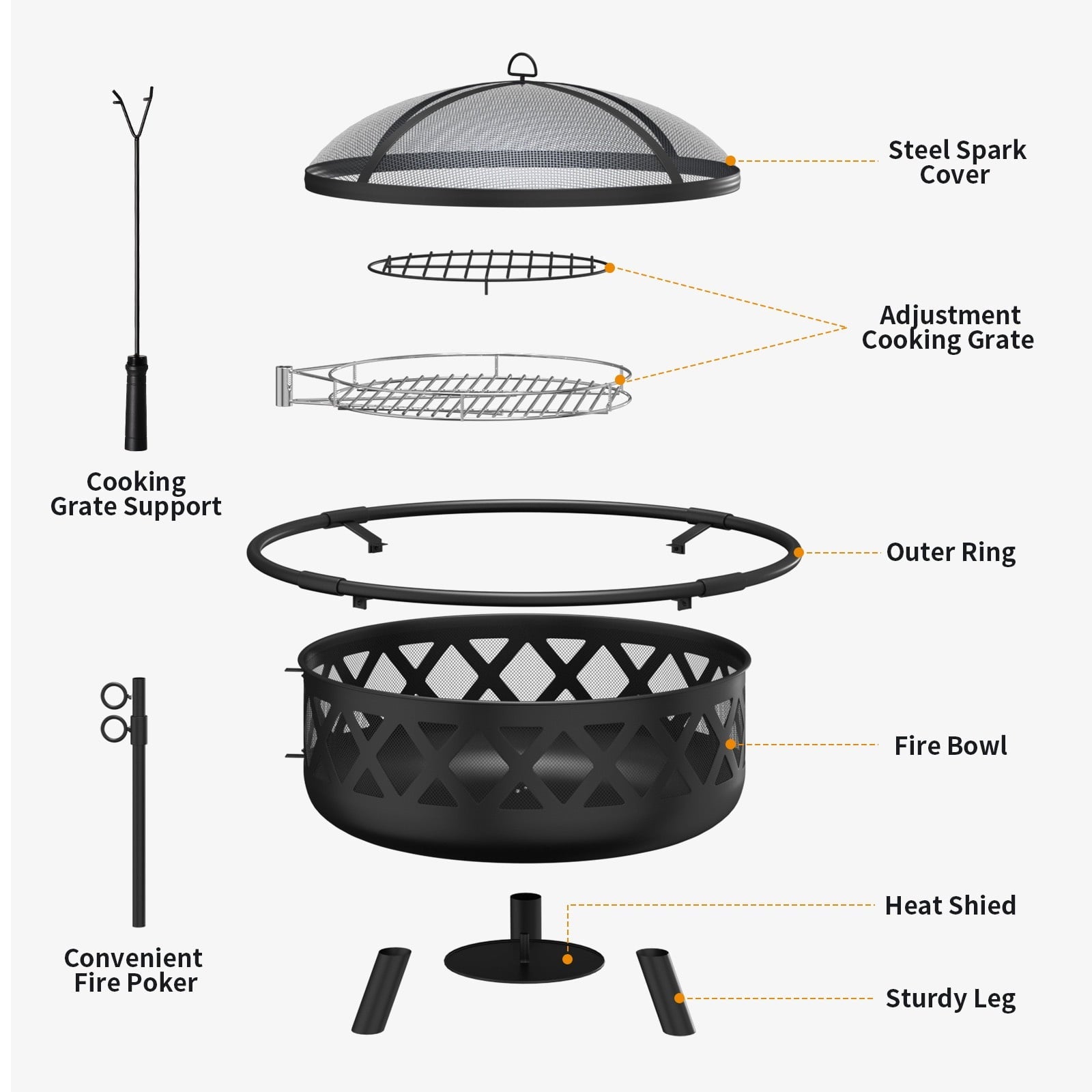 JolyDale 30 inch Outdoor Fire Pit with Cooking 2 in 1 Grate Wood Burning Firepit Steel Firepit Bowl with Swivel BBQ Grill, Poker for Backyard, Garden - Home OXO