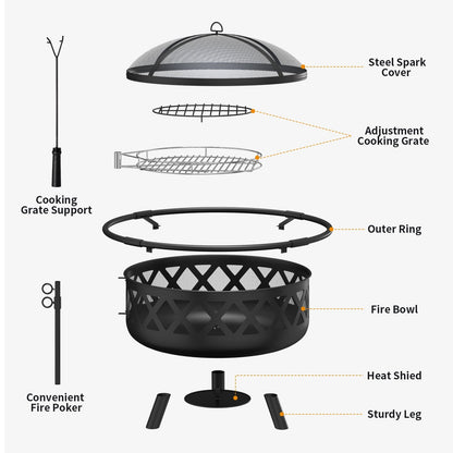 JolyDale 30 inch Outdoor Fire Pit with Cooking 2 in 1 Grate Wood Burning Firepit Steel Firepit Bowl with Swivel BBQ Grill, Poker for Backyard, Garden - Home OXO