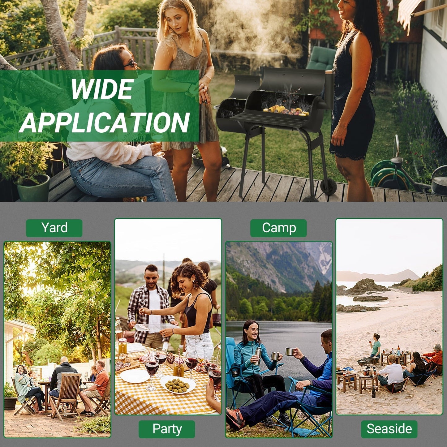 BBQ Charcoal Grill Outdoor Barbecue Pit with Offset Smoker Patio Backyard,Iron,Black - Home OXO