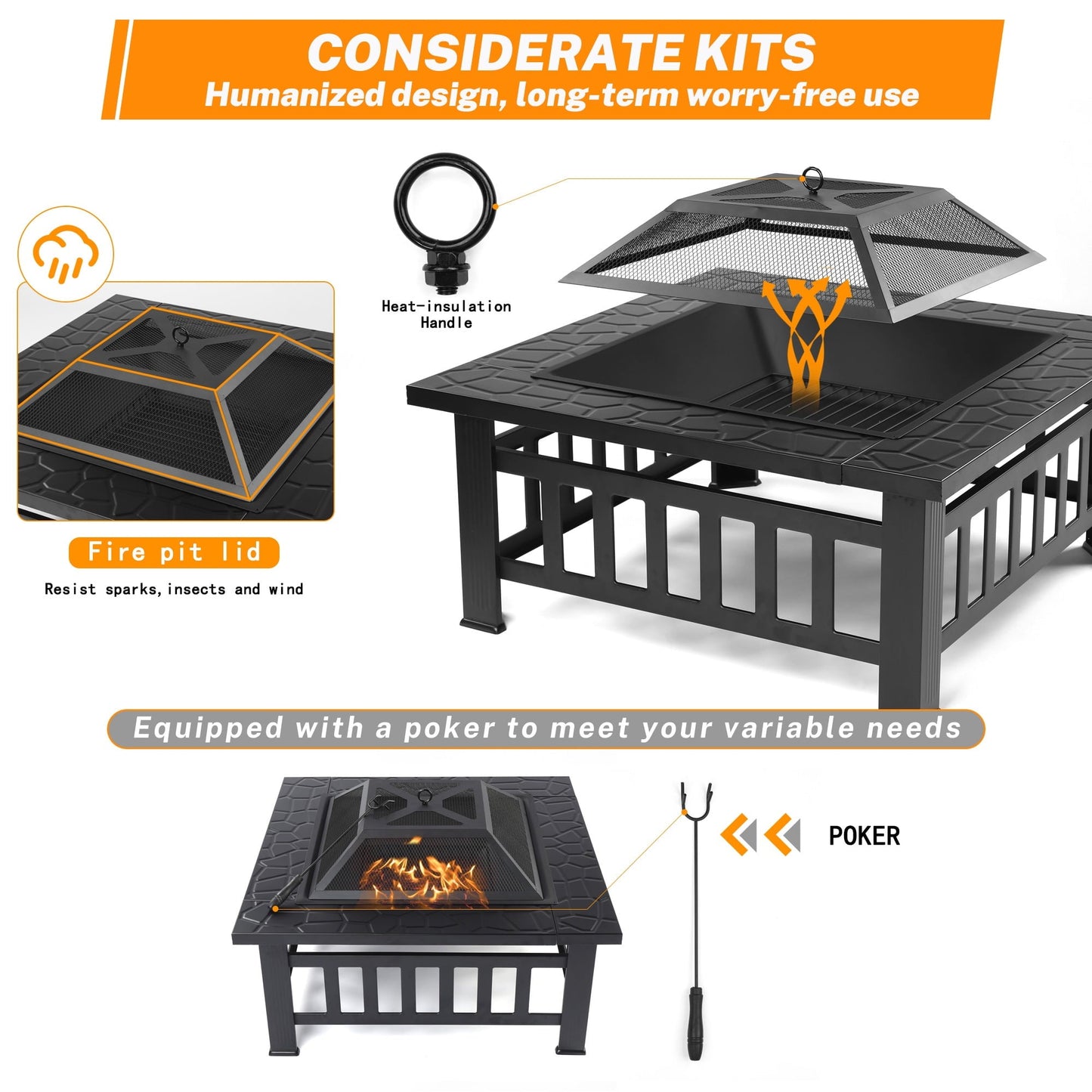 32'' Multipurpose Fire Pit, Outdoor Fire Pit Table for Net Lid/Poker, Square Bronze Firepit Stove for Outside Camping Backyard Bonfire - Home OXO