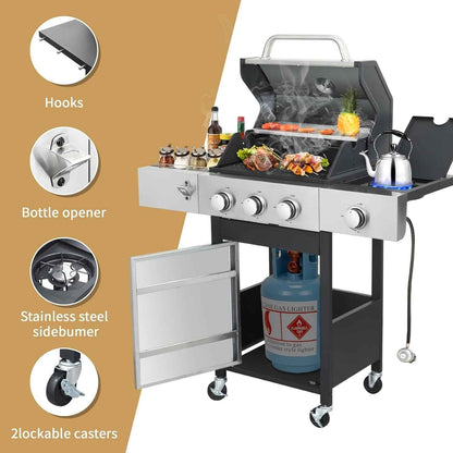 Furnibear 3-Burner Gas Grill Side Burner, Propane Stainless Steel BBQ Grill with Porcelain-Enameled Cast Iron Grates, 37150 BTU Barbecue Grill for Outdoor Cooking