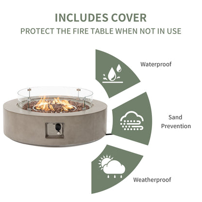 COSIEST Outdoor 40.5 inch Round Grey Propane Fire Pit Coffee Table w Wind Guard (Tank Outside) - Home OXO