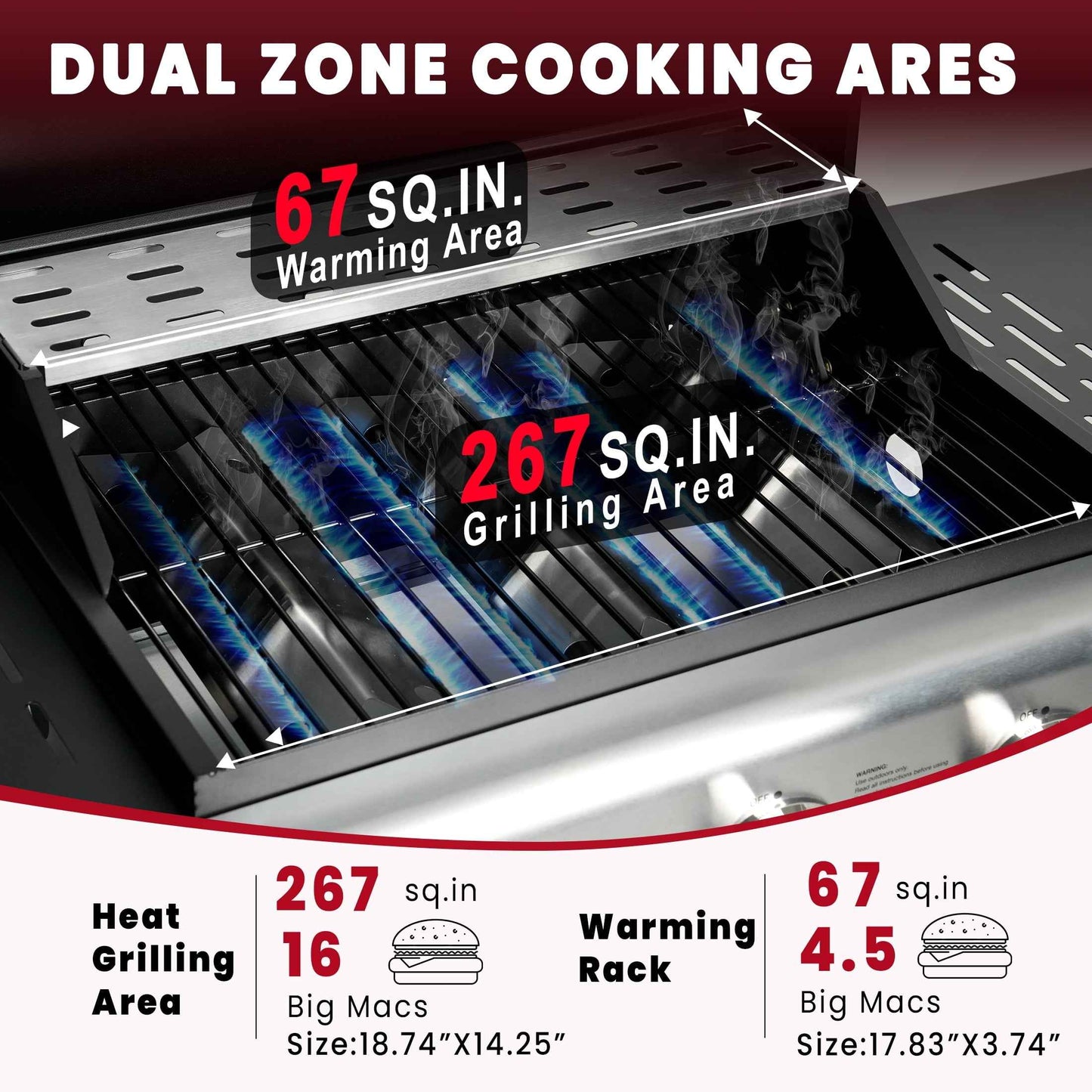 30000BTU Gas Grill, 3-Burner Grills with Built-in Thermometer & Side Table, Stainless Steel BBQ Grills for Outdoor Cooking