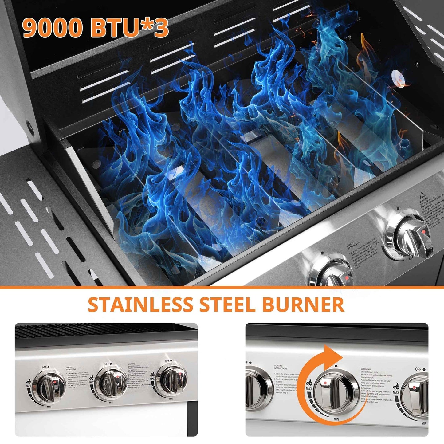 Enyopro 3-Burner Propane Gas Grill, 30000 BTU BBQ Grill with Foldable Side Table, Stainless Steel Warming Rack, Hooks, and Built-In Bottle Opener for Outdoor Barbecue