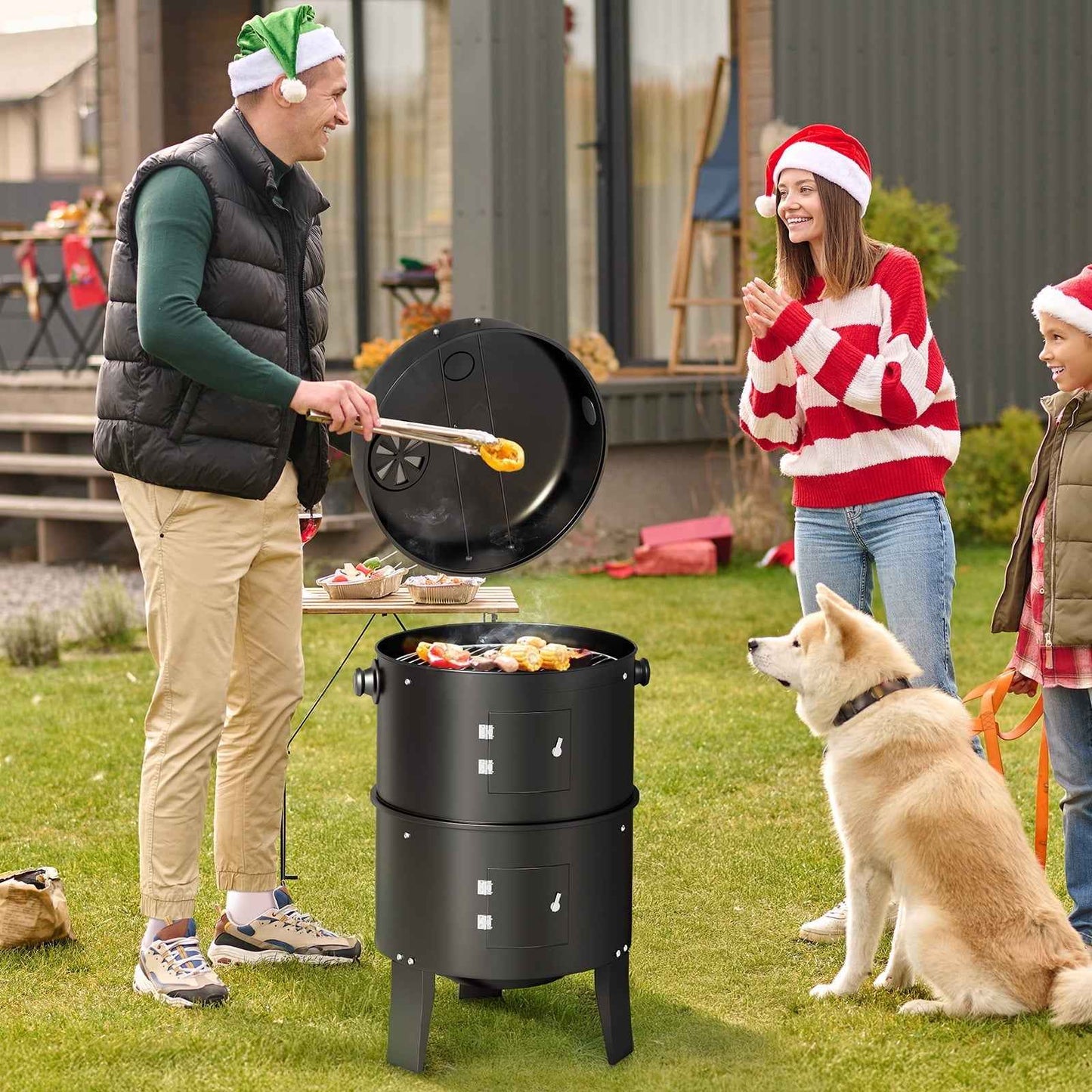 KingChii 3 in 1 Vertical Charcoal Smoker Grill BBQ Smoker for Outdoor, Patio Backyard Camping, Black