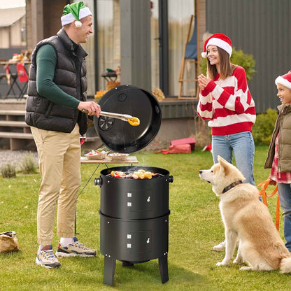 KingChii 3 in 1 Vertical Charcoal Smoker Grill BBQ Smoker for Outdoor, Patio Backyard Camping, Black