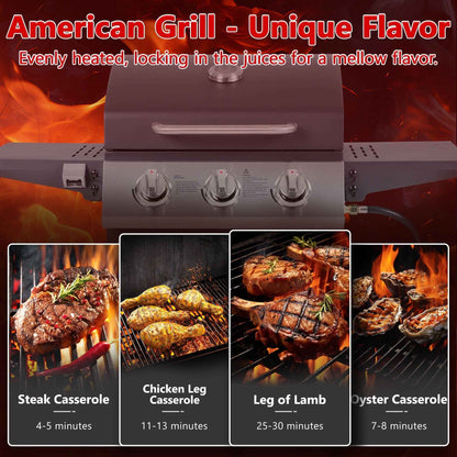 30000 BTU Gas Grill with 4 Universal Wheels, 3 Burners Outdoor BBQ Grill with Steel Brush & Thermometer for Outdoor Camping