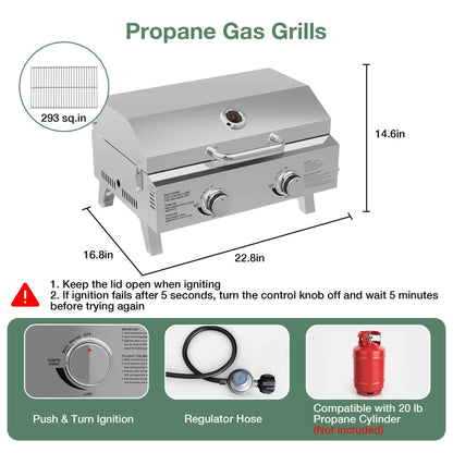 Firstness Propane Gas Grills, 30,000BTU Portable Gas Grill for Outdoor Camping BBQ Picnics Tailgating, 2 Burners, Stainless Steel Sliver