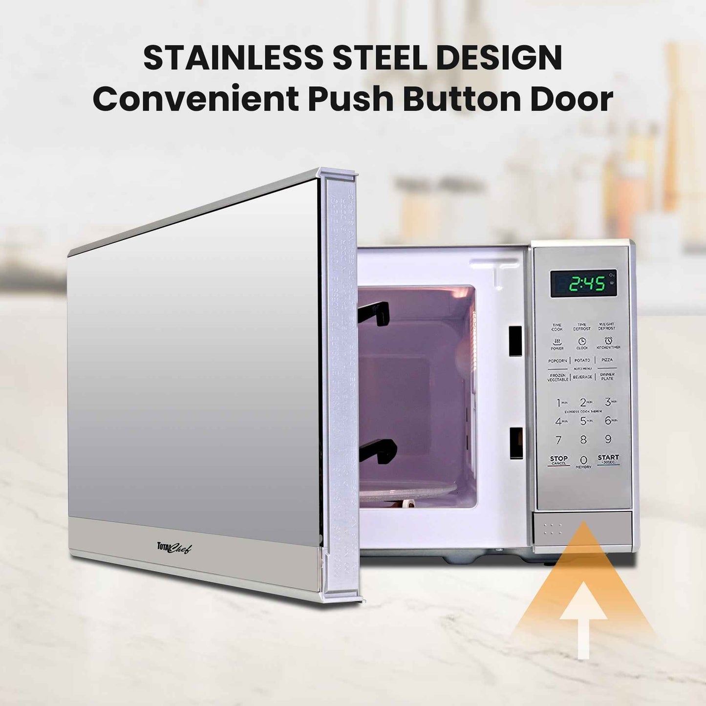 Total Chef Compact Countertop Microwave Oven, 700W, 0.7 Cubic Feet Capacity, Digital Touchscreen Controls, 6 Pre-Set Cooking Modes, Silver Stainless Steel