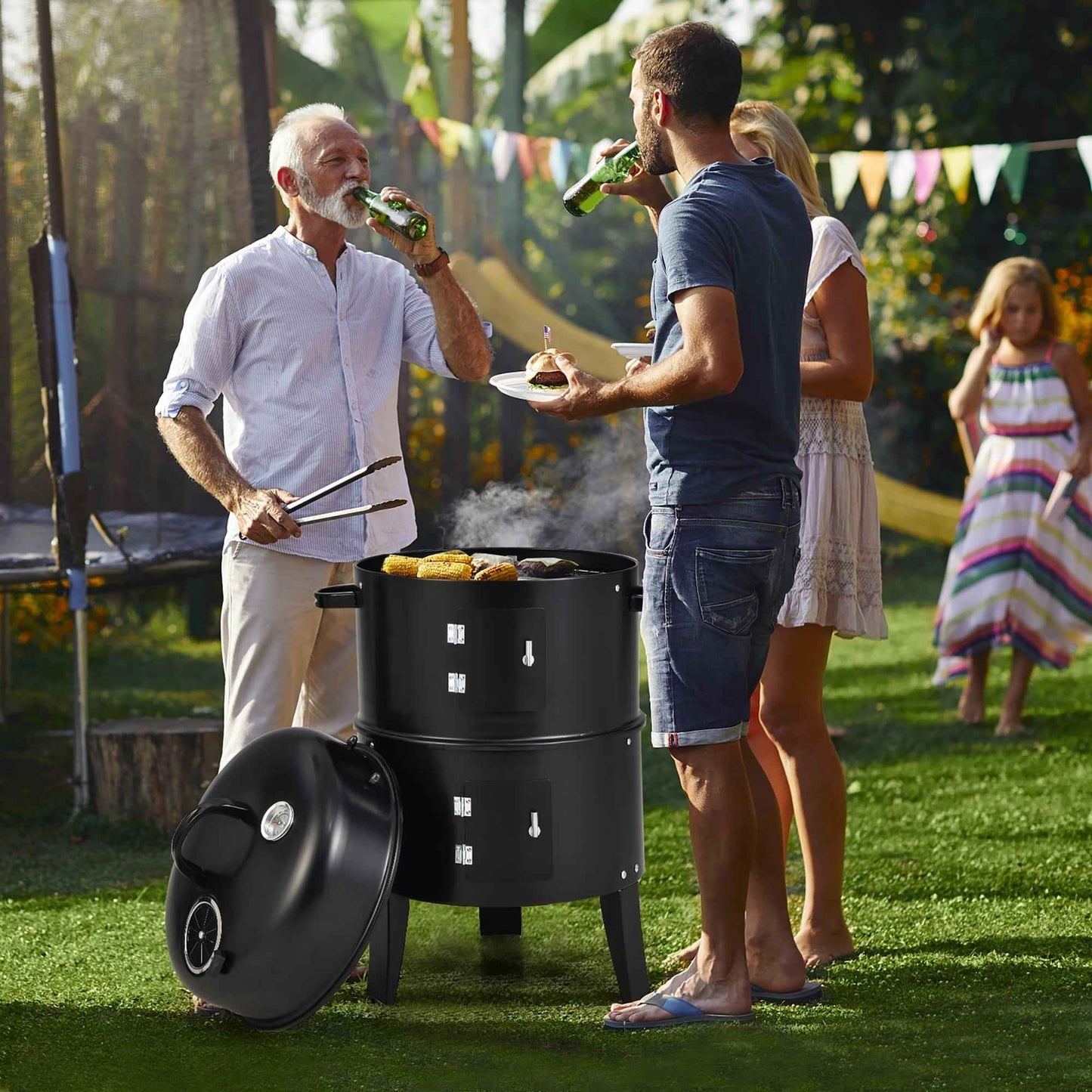 Costway3-in-1 Vertical Charcoal Smoker  Portable BBQ Smoker Grill with Detachable 2 Layer