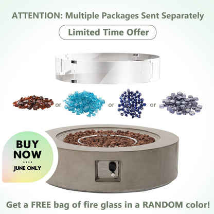 COSIEST Outdoor 40.5 inch Round Grey Propane Fire Pit Coffee Table w Wind Guard (Tank Outside) - Home OXO