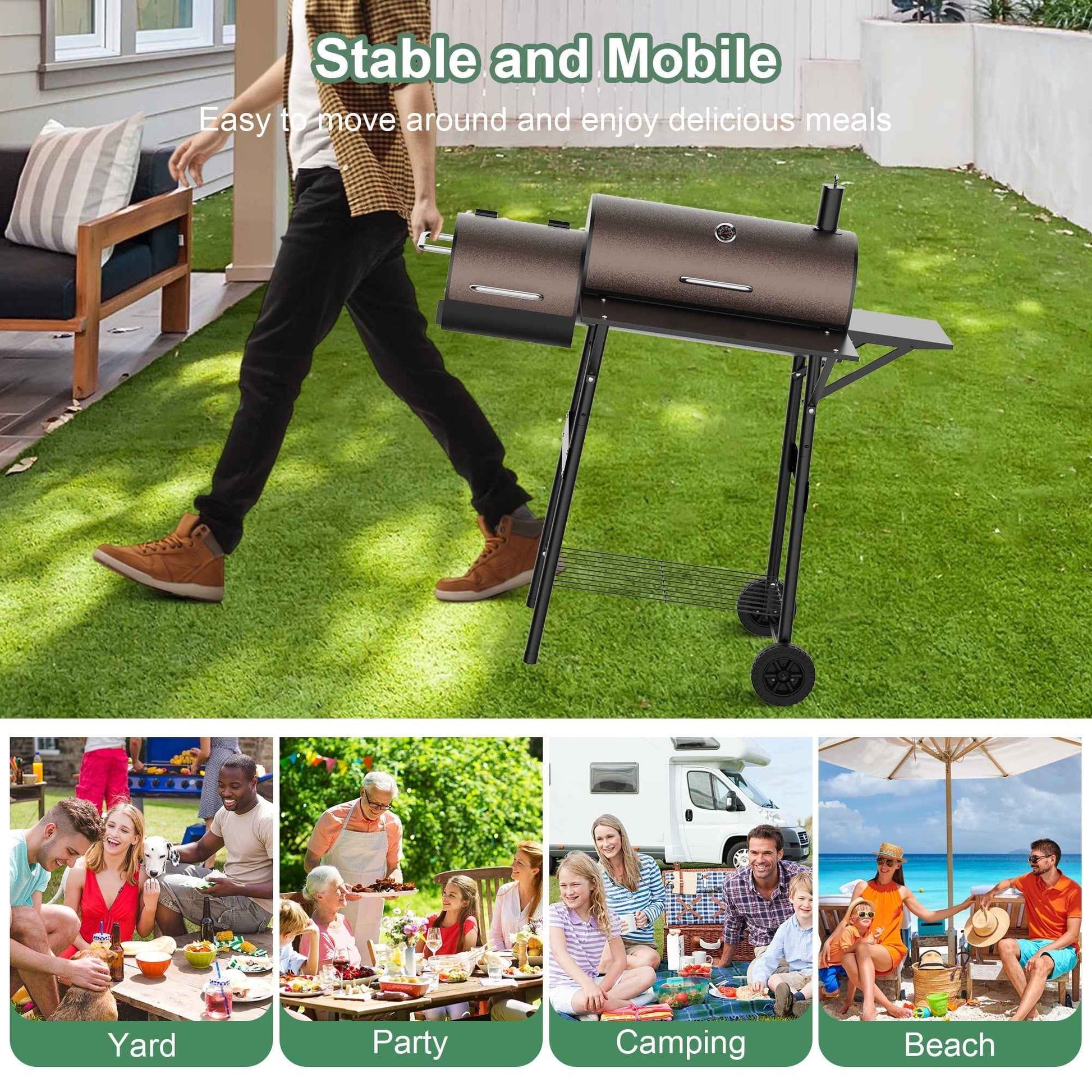 Firstness Charcoal Grill, Outdoor BBQ Grill Charcoal with Offset Smoker for Barbecue Pit Patio Backyard Camping Picnics, Black & Brown