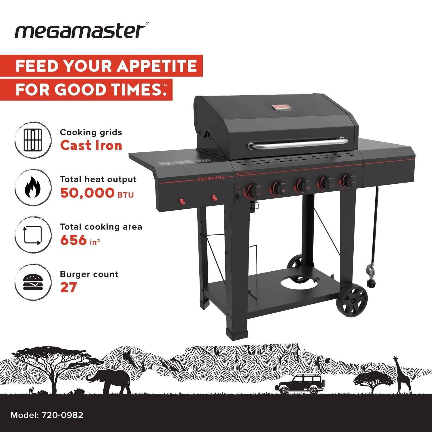 Megamaster 5-Burner Propane Gas Grill with Side Tables, Accessory Hooks, 50,000 BTUs, 656 SQ. In. Cooking Space, 2 Wheel Transport, Outdoor Kitchen Grill for BBQs, Backyards, and More - 720-0982