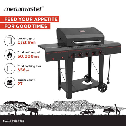 Megamaster 5-Burner Propane Gas Grill with Side Tables, Accessory Hooks, 50,000 BTUs, 656 SQ. In. Cooking Space, 2 Wheel Transport, Outdoor Kitchen Grill for BBQs, Backyards, and More - 720-0982