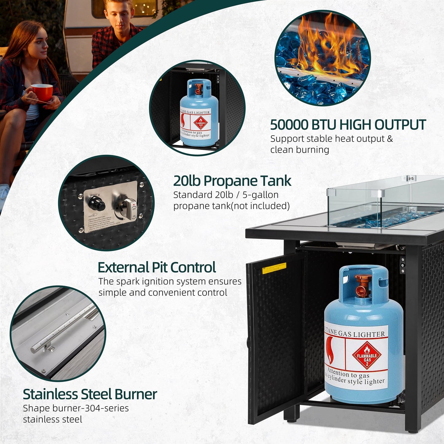 Walsunny 45" Propane Fire Pit Table 50,000 BTU Steel Gas Fire Pit with Removable Lid & Waterproof Cover and Tables - Home OXO