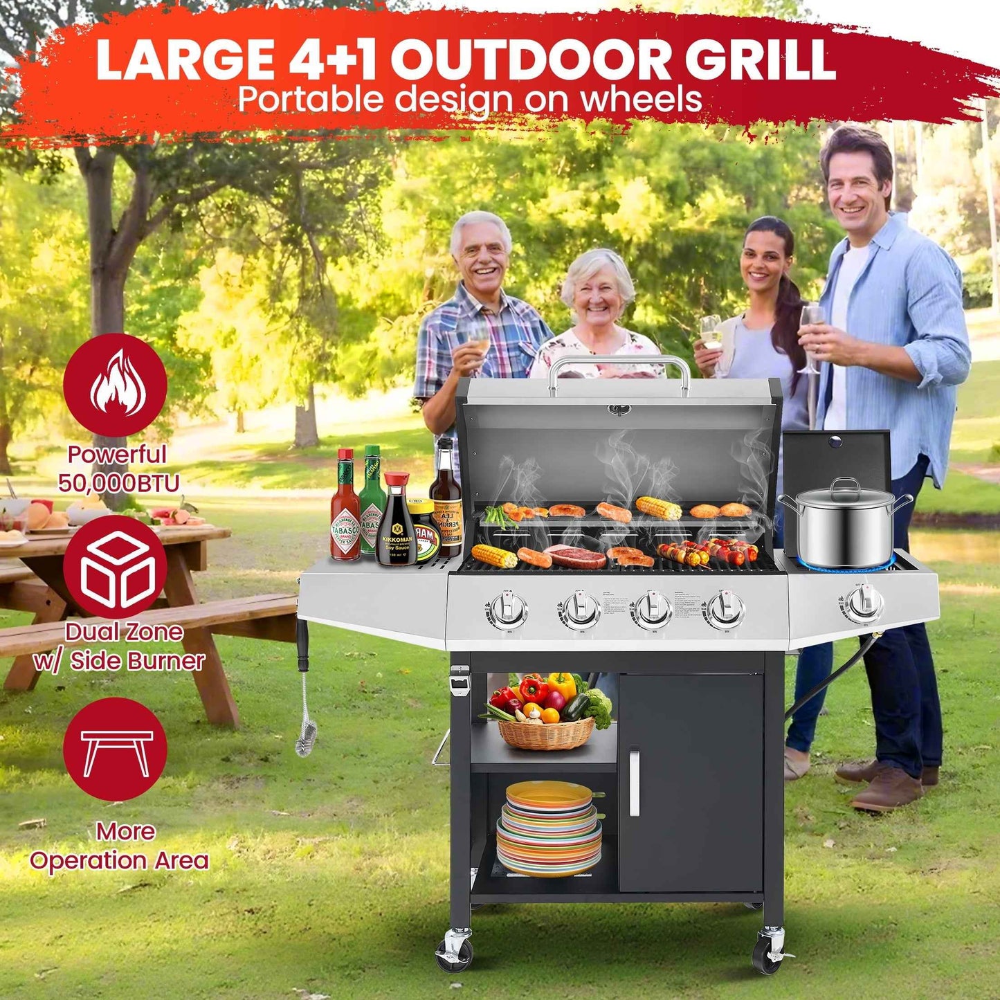 Seizeen 4-Burner Stainless Steel Gas Grill with Side Burner, 46,790 BTU, Enameled Cast Iron Grate, Outdoor BBQ