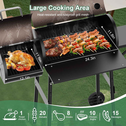 Firstness Charcoal Grill, Outdoor BBQ Grill Charcoal with Offset Smoker for Barbecue Pit Patio Backyard Camping Picnics, Black & Brown