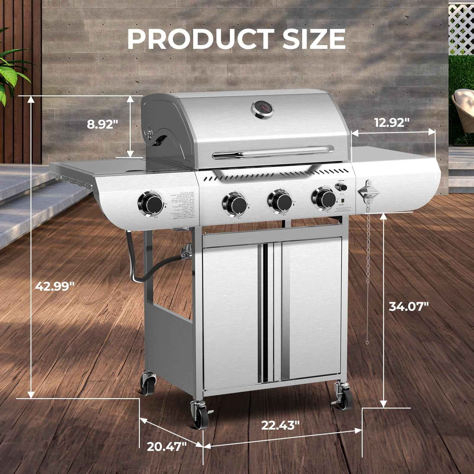 LHRIVER Stainless Steel BBQ Grill, 3 Burner Propane Gas Grill with Side Burner  for Outdoor Cooking Patio Backyard