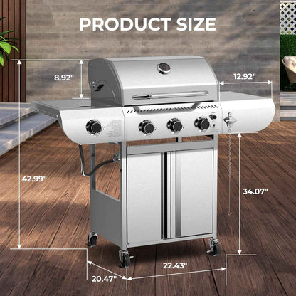 LHRIVER Stainless Steel BBQ Grill, 3 Burner Propane Gas Grill with Side Burner  for Outdoor Cooking Patio Backyard