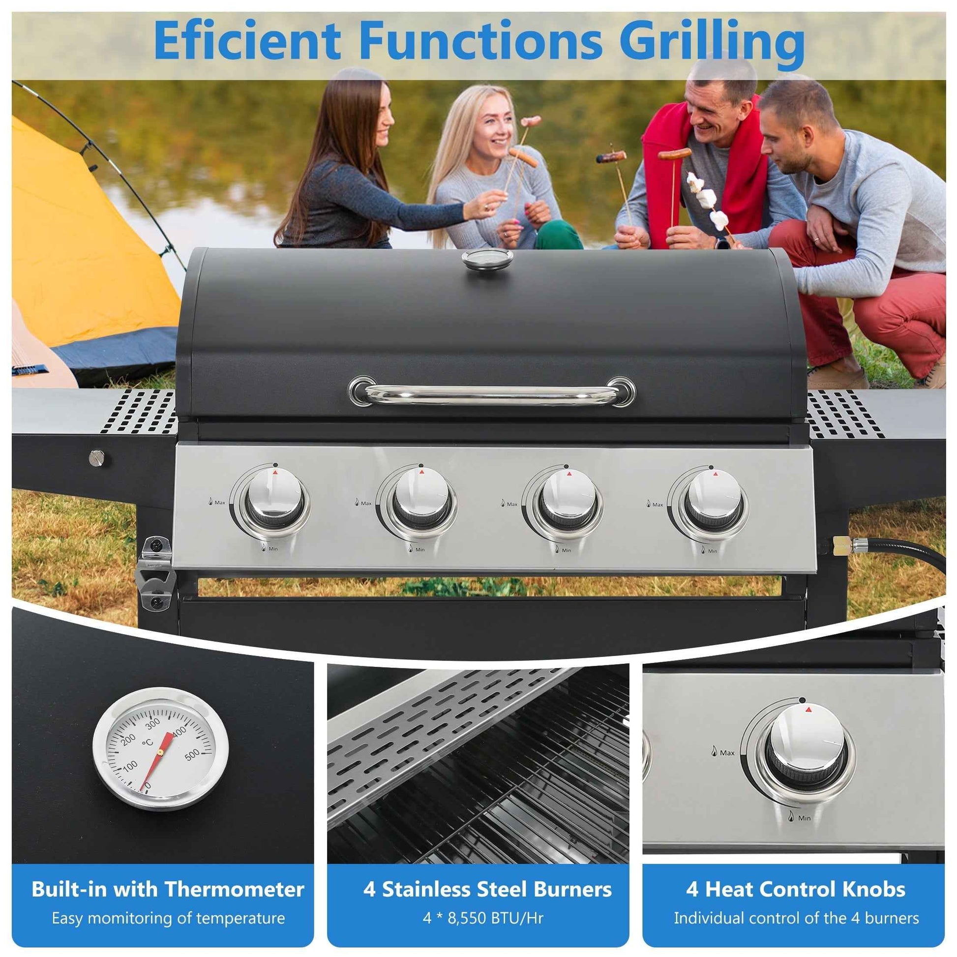 4-Burner Propane Gas Grill, 34,000 BTU Propane BBQ Grill with Thermometer, Bottle Opener, and Tool Hooks, Ideal for Patio Camping Outdoor Cooking