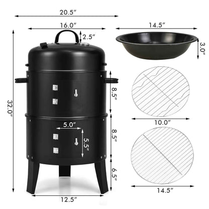 Costway3-in-1 Vertical Charcoal Smoker  Portable BBQ Smoker Grill with Detachable 2 Layer