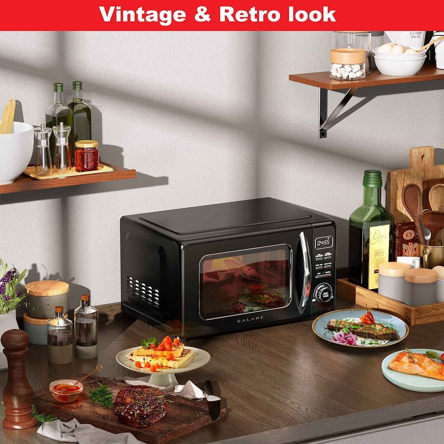 Galanz Retro Countertop Microwave Oven with Auto Cook & Reheat, Defrost, Quick Start Functions, Easy Clean with Glass Turntable, Pull Handle, .9 cu ft, Black