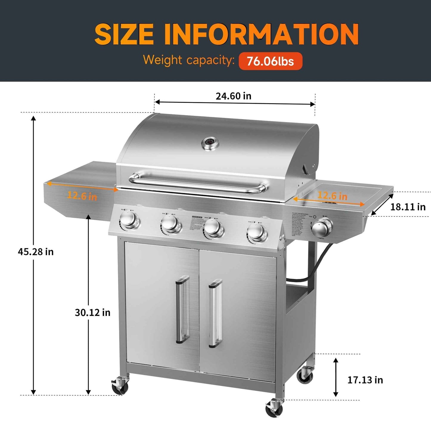 SKOK 4 Burner Propane Gas BBQ Grill with Side Burner, 58000 BTU Output for Outdoor Cooking Kitchen and Patio Backyard Barbecue