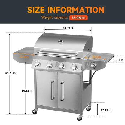 SKOK 4 Burner Propane Gas BBQ Grill with Side Burner, 58000 BTU Output for Outdoor Cooking Kitchen and Patio Backyard Barbecue