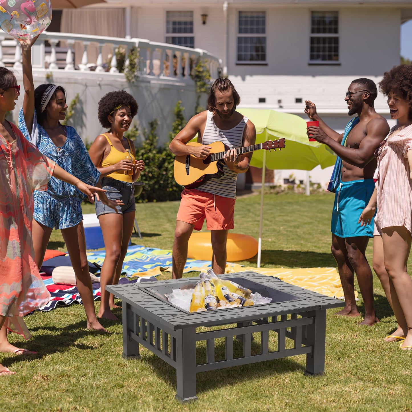 LAZY BUDDY Steel Fire Pits for Outside, 32'' Square Wood Burning Firepit Table with Mesh Lid, BBQ Net, Poker, and Cover for Outdoor Patio Backyard Bonfire Party - Home OXO