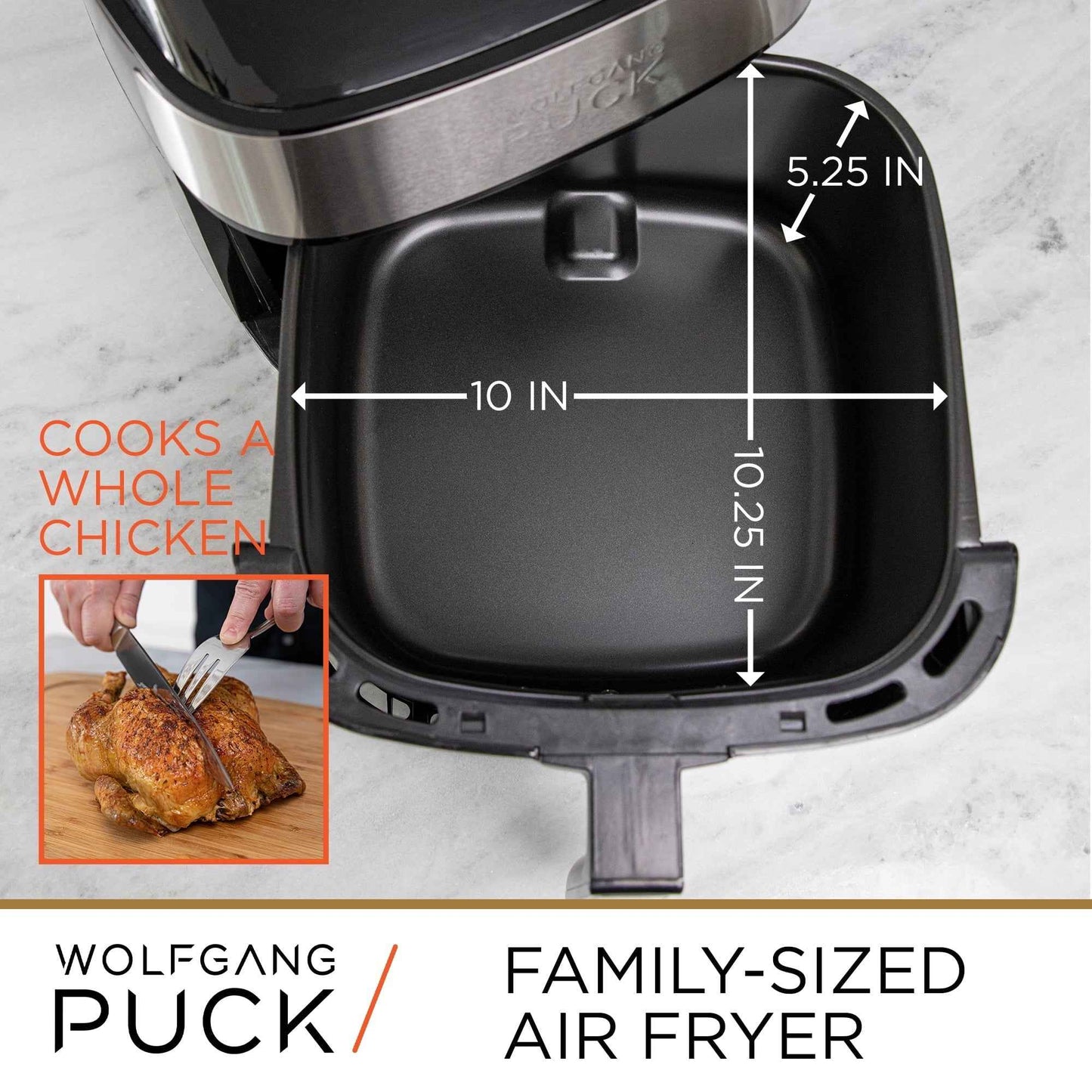 Wolfgang Puck 310oz Stainless Steel Air Fryer, Large Single Basket Design, Simple Dial Controls